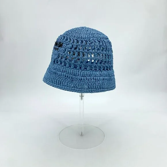 H17889 Prada blue logo letter woven hollow bucket hat hat circumference 59cm hat PRADA Blue Nylon Unisex Bucket Hat Metal Triangle Logo Made  main image 4